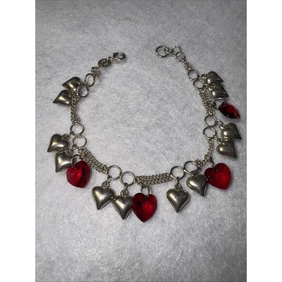 925 Sterling Silver Heart Chain Bracelet Made With SWAROVSKI  Red Crystal Hearts - Picture 9 of 12